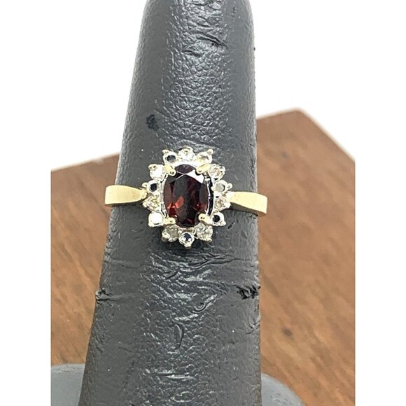 Red Gemstone Diamond Cocktail Ring 10k Yellow Gold Women's Estate Size 6.25 - Picture 7 of 13